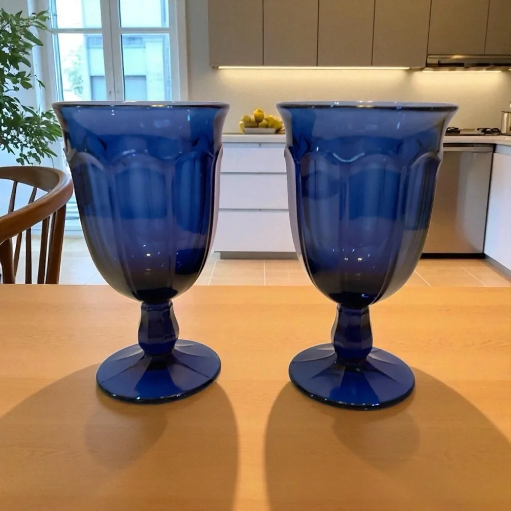 Vintage Noritake Provincial Cobalt Blue Wine Ice Tea Goblets Set Of 2 Glasses
